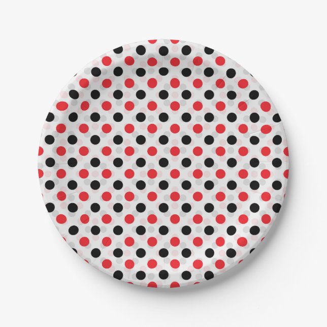 Red Black Polka Dots Textile Pattern Design Paper Plates (Front)