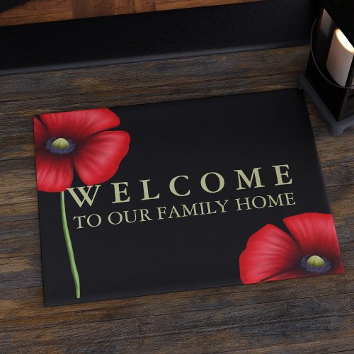 Red  Black Poppy Floral Family Doormat