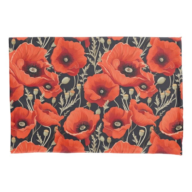 Red Black Poppy Flower Pattern  Pillow Case (Front)