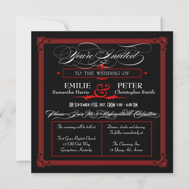 Red & Black Poster Style Wedding Invitations (Front)