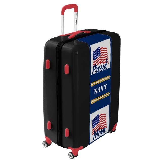 Red & Black - Proud Navy Mom Suitcase (Rotated Left)