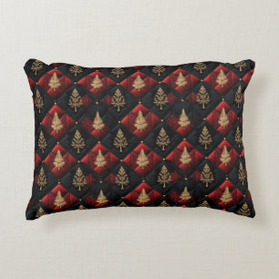 Red Black Quilt Squares Gold Christmas Trees Accent Pillow