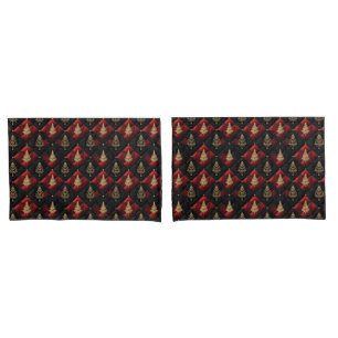  Red Black Quilt Squares Gold Christmas Trees Pillow Case