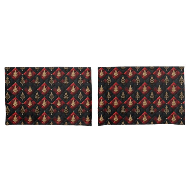  Red Black Quilt Squares Gold Christmas Trees Pillow Case (Front-Set)