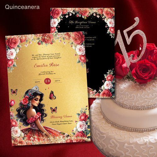 Red Black Quinceanera Dress Floral Butterflies Invitation