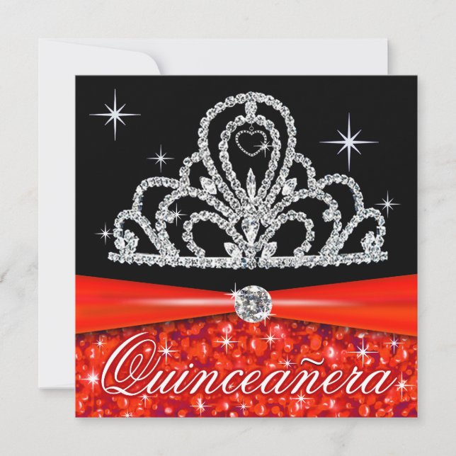 Red Black Quinceanera Princess Tiara Bling Invitation (Front)