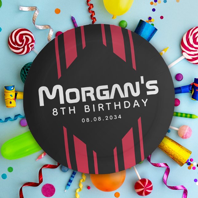 Red Black Racing Car Stripe Birthday Party Paper Plates (Creator Uploaded)