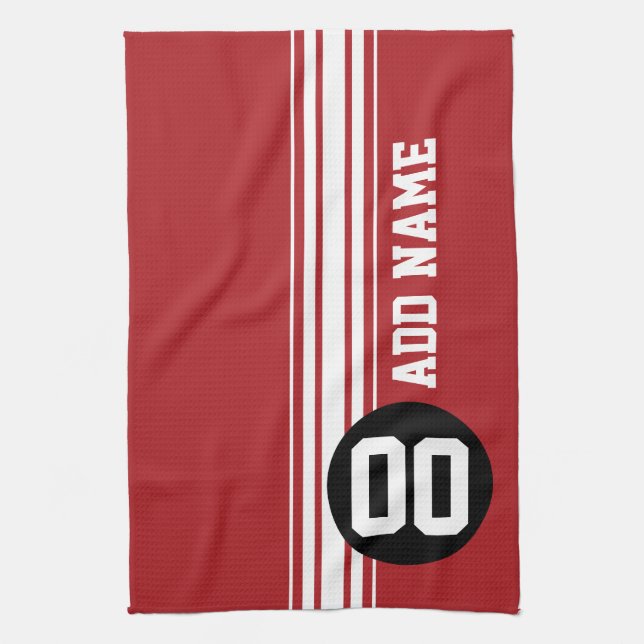 Red Black Racing Stripes Custom Name Number Towel (Vertical)