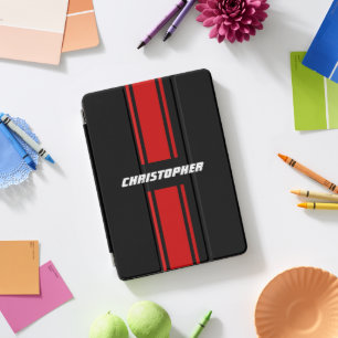 Red Black Racing Stripes Stylish Name Monogrammed iPad Pro Cover