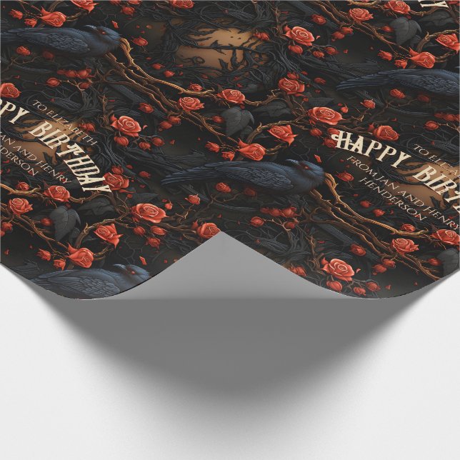 Red Black Ravens Red Roses Dark Romantic Gothic Wrapping Paper (Corner)
