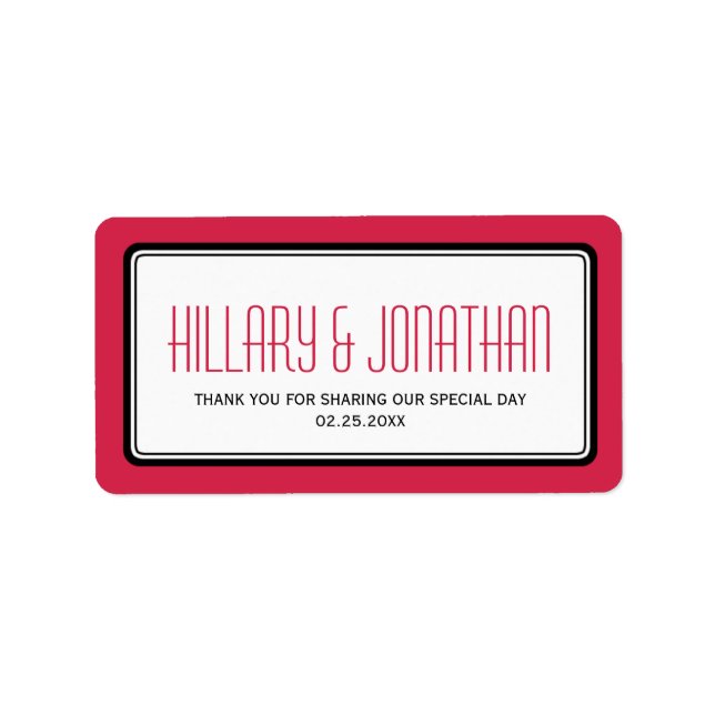Red black rectangular frame wedding favor labels (Front)
