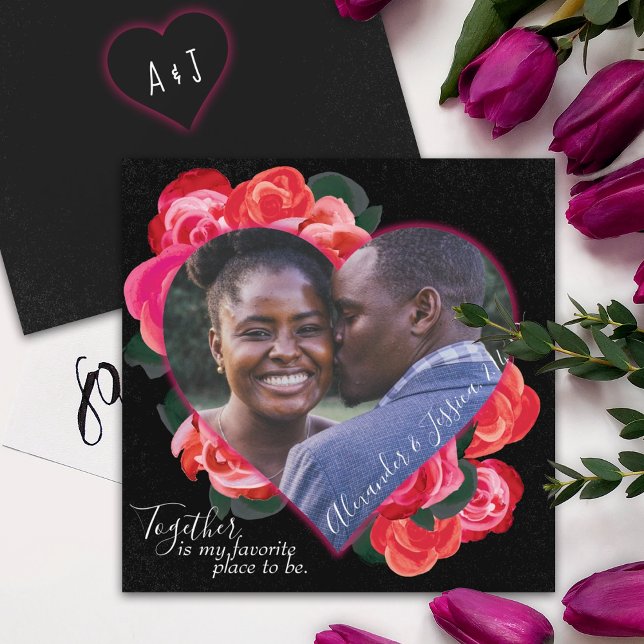 Red, Black Romantic Roses Photo Valentine's Day Invitation (red roses, heart shaped photo Valentine's day card, Romantic red rose bouquet, red & black rose art)