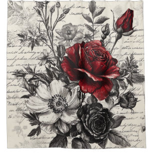 Red Black Rose Antique Manuscript Flowers Shower Curtain