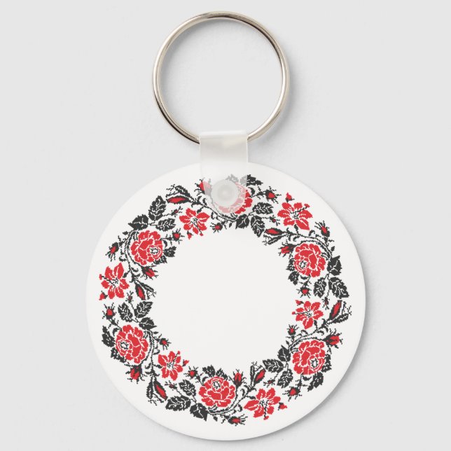 Red & Black Rose circle cross-stitch Pattern Keychain (Front)