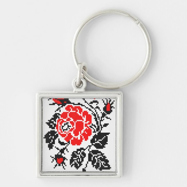 Red&Black Rose cross-stitch Russian Pattern Keychain (Front)