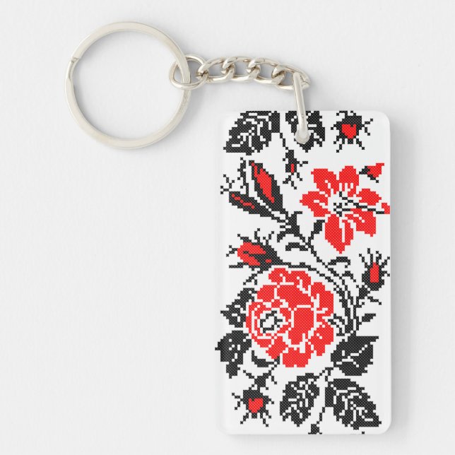 Red&Black Rose cross-stitch Russian Pattern Keychain (Front)