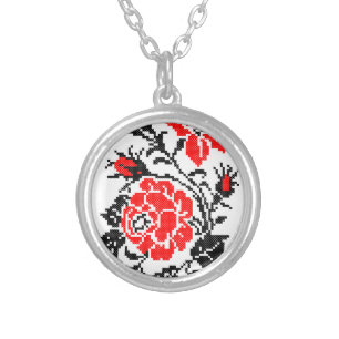 Red&Black Rose cross-stitch Russian Pattern Silver Plated Necklace