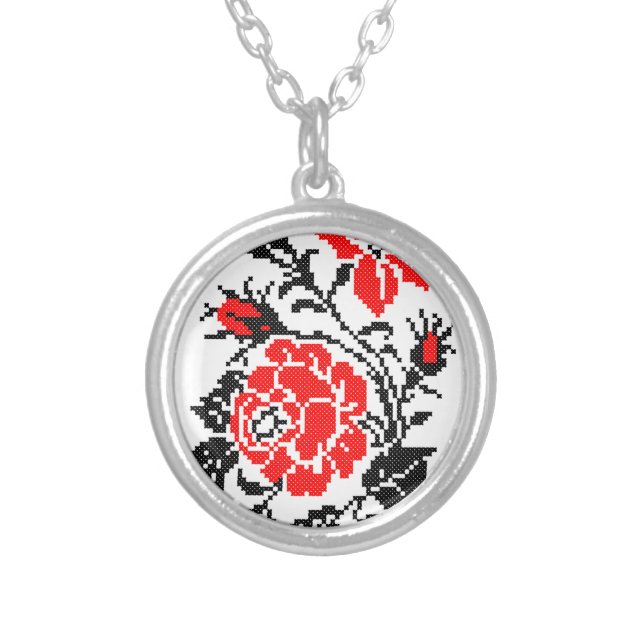 Red&Black Rose cross-stitch Russian Pattern Silver Plated Necklace (Front)
