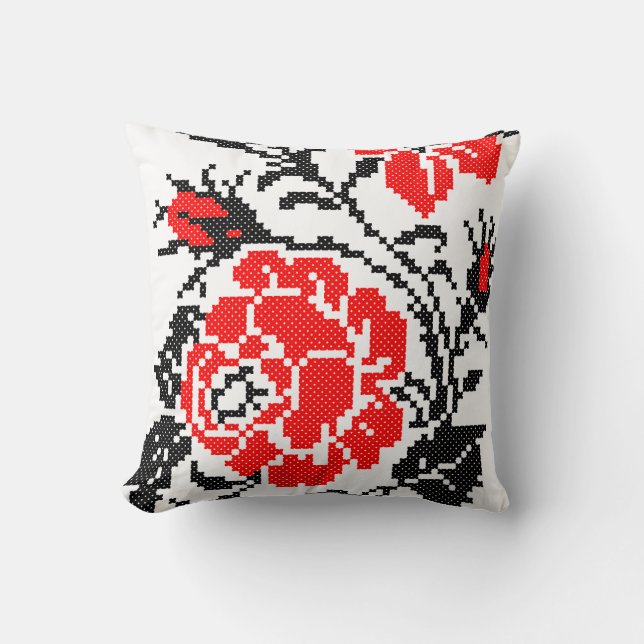 Red&Black Rose cross-stitch Russian Pattern Throw Pillow (Front)
