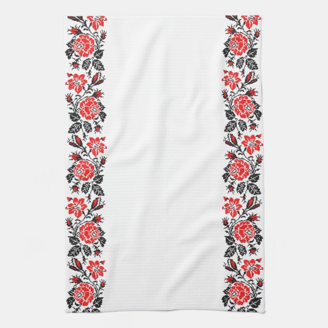 Red&Black Rose cross-stitch Russian Pattern Towel (Vertical)
