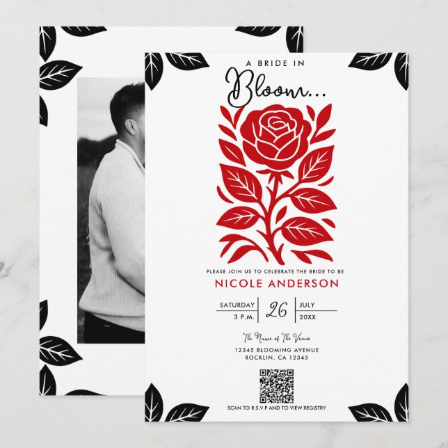 Red & Black Rose Floral Bridal Shower Invitation (Front/Back)
