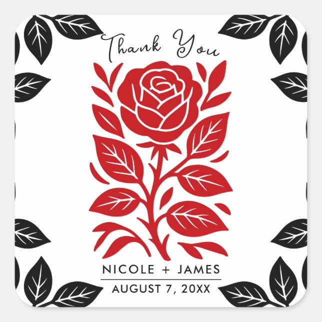 Red & Black Rose Floral Modern Bridal Shower Square Sticker (Front)