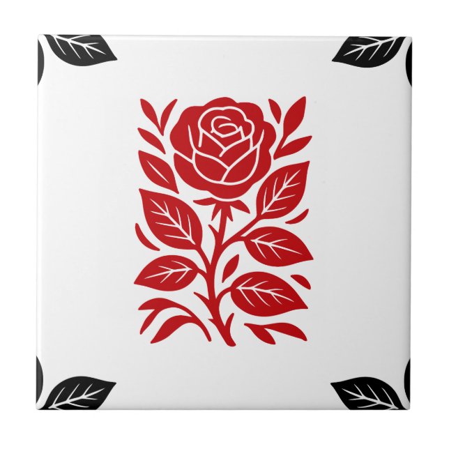 Red & Black Rose Floral Modern Minimal Glam Ceramic Tile (Front)