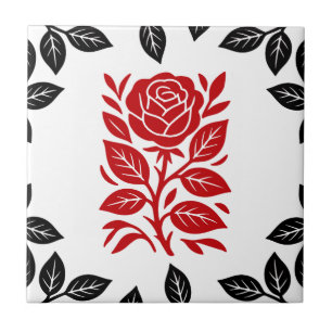 Red & Black Rose Floral Modern Minimal Glam Ceramic Tile