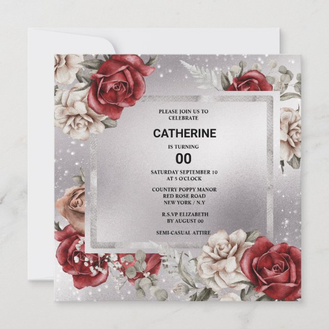 Red black rose floral silver chic any age party invitation (Front)