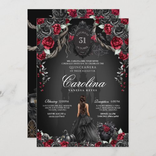 Red Black Rose Gothic Haunted Castle Quinceanera Invitation
