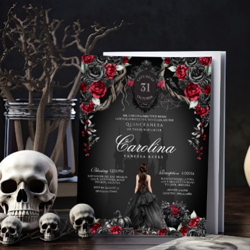 Red Black Rose Gothic Haunted Castle Quinceanera Invitation