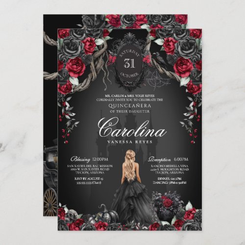 Red Black Rose Gothic Haunted Spooky Quinceanera Invitation