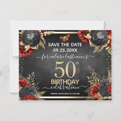 Red Black Roses 50th Birthday Save the Date Postcard