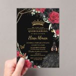 Red Black Roses Floral Dress Gold Quinceañera XV Acrylic Invitations<br><div class="desc">Personalize this elegant red and black floral Quinceañera / Sweet 16 birthday acrylic invitation easily and quickly. Simply click the customize it further button to edit the texts, change fonts and fonts colors. Featuring exquisite watercolor red and black roses flowers, a girl dressed in a glittery black dress butterflies and...</div>