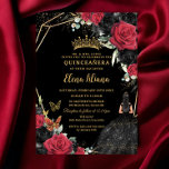 Red Black Roses Floral Dress Gold Quinceañera XV Invitation<br><div class="desc">Personalize this elegant red and black floral Quinceañera / Sweet 16 birthday invitation easily and quickly. Simply click the customize it further button to edit the texts, change fonts and fonts colors. Featuring exquisite watercolor red and black roses flowers, a girl dressed in a glittery black dress butterflies and chic...</div>