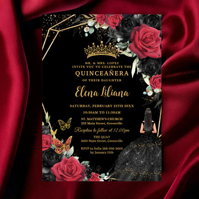 Red Black Roses Floral Dress Gold Quinceaera XV Invitation | Zazzle