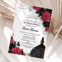Red Black Roses Floral Dress Silver Quinceañera