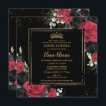 Red Black Roses Floral Gold Quinceanera Sweet 16 Invitation<br><div class="desc">Personalize this elegant Quinceanera / Sweet 16 Birthday Square Invitation Card easily and quickly. Simply click the Edit Using Design Tools button to edit the text, change fonts and fonts colors. Featuring beautiful vibrant red and black roses floral against a dark black background. Also available in a digital instant download...</div>