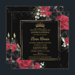 Red Black Roses Floral Gold Quinceanera Sweet 16 Invitation<br><div class="desc">Personalize this elegant Quinceanera / Sweet 16 Birthday Square Invitation Card easily and quickly. Simply click the Edit Using Design Tools button to edit the text, change fonts and fonts colors. Featuring beautiful vibrant red and black roses floral against a dark black background. Also available in a digital instant download...</div>