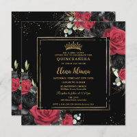 Red Black Roses Floral Gold Quinceanera Sweet 16