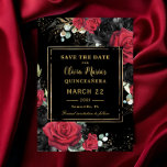 Red Black Roses Floral Gold Quinceanera Sweet 16 Save The Date<br><div class="desc">Personalize this elegant Quinceanera / Sweet 16 Birthday save the date easily and quickly. Simply click the Edit Using Design Tools button to edit the text, change fonts and fonts colors. Featuring beautiful vibrant red and black roses floral against a dark black background. Also available in a digital instant download...</div>