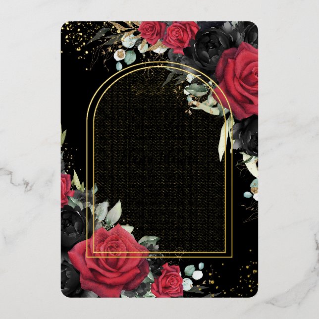Red Black Roses Floral Quinceañera Sweet 16 Arch Foil Invitation (Front)