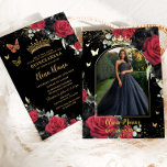 Red Black Roses Floral Quinceañera Sweet 16 Photo Foil Invitation<br><div class="desc">Personalize this elegant Quinceañera / Sweet 16 Birthday real foil photo invitation easily and quickly. Simply click the Edit Using Design Tools button to edit the text, change fonts and fonts colors. Featuring beautiful red and black roses floral against a dark black background. NOTE: Only the front side of the...</div>