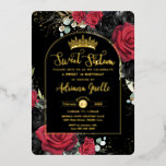 Red Black Roses Floral Sweet 16 16th Birthday Arch Foil Invitation<br><div class="desc">Personalize this luxe Sweet 16 Birthday real foil invitation easily and quickly. Simply click the Edit Using Design Tools button to edit the text, change fonts and fonts colors. Featuring beautiful vibrant red and black roses floral against a dark black background. Matching items available in store. (c) Somerset Fine Paperie....</div>