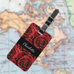 Red black roses flowers luggage tag<br><div class="desc">Black background decorated with red roses with faux gold glitter on the front.  Personalize and add a name. Your contact information on the back.</div>