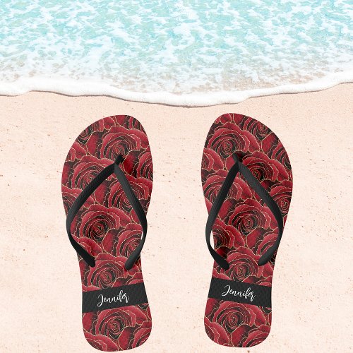 Red black roses flowers name script flip flops