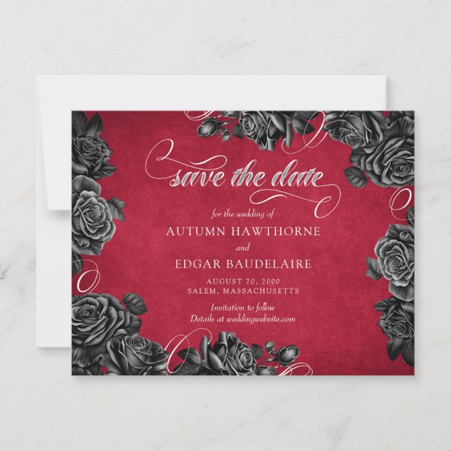 Red Black Roses Gothic Wedding Save The Date (Front)