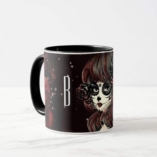 Red Black Roses Sugar Skull Girl Personalized Mug (Front Left)