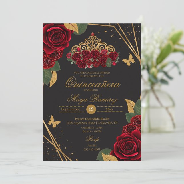 Red Black Roses Tiara Gold Glitter Quinceañera  Invitation (Standing Front)