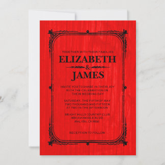 Red & Black Rustic Barn Wood Wedding Invitations